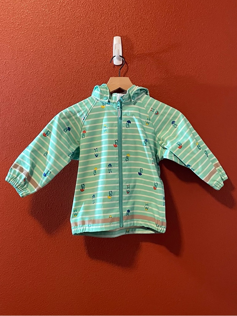 Polarn O Pyret Boy’s Green Striped Frog Print Full Zip Reflective Rain Jacket